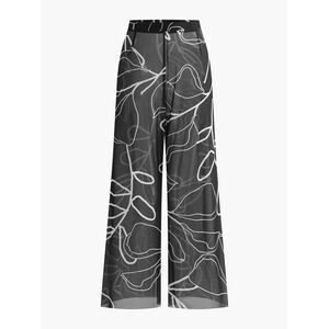 Commense L Sheer Printed Wide-Leg Cover-Up Pants Black Mesh